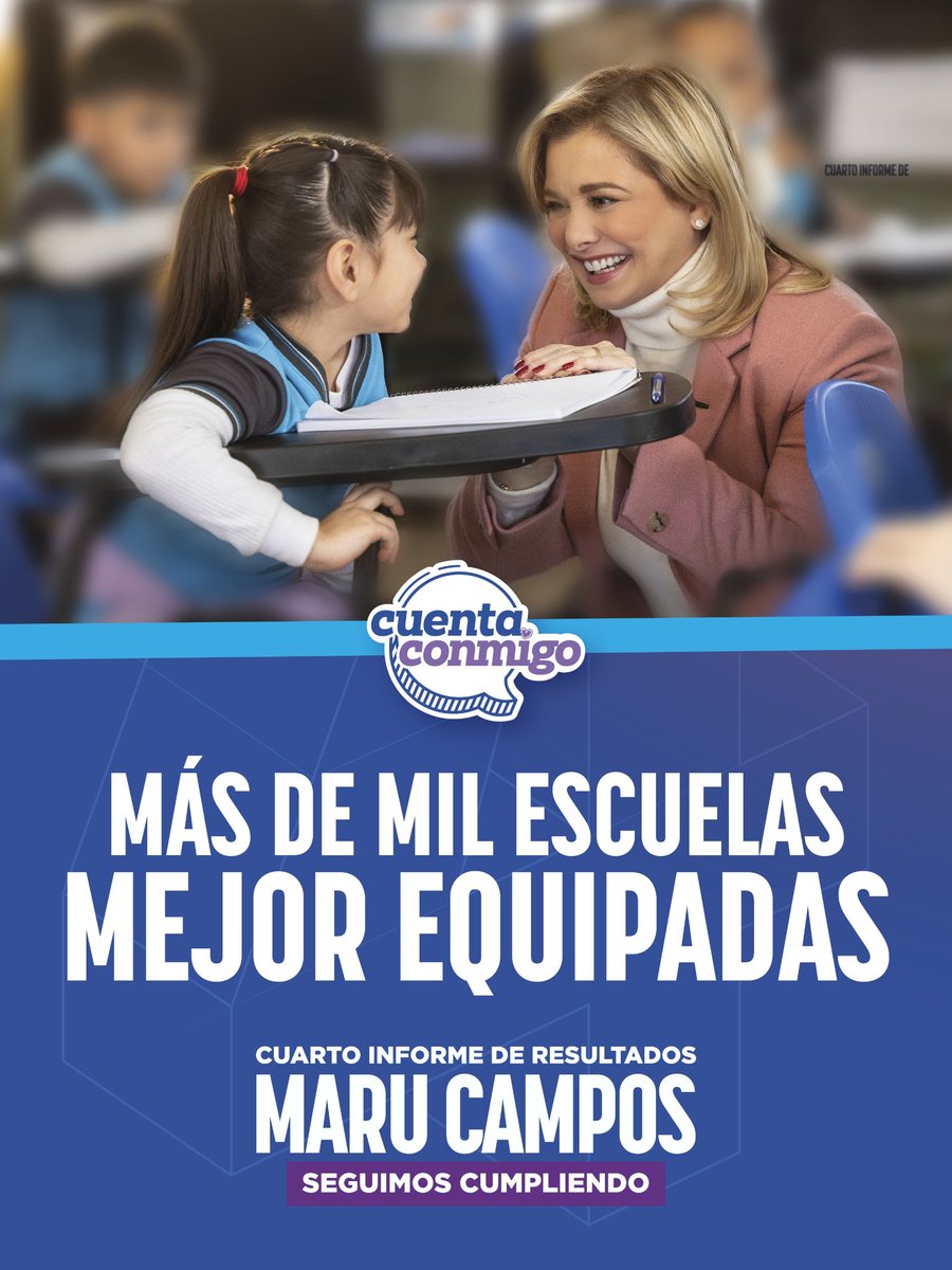 MaruCampos_G's tweet photo. Llevamos mejor equipamiento a más de mil escuelas en todo el estado.

Esto significa aulas más funcionales y mejores herramientas para que nuestras niñas, niños y jóvenes aprendan en condiciones adecuadas.

Seguimos cumpliendo con tu familia.

Cuenta conmigo.

#CuartoInformeDeResultados #SeguimosCumpliendo