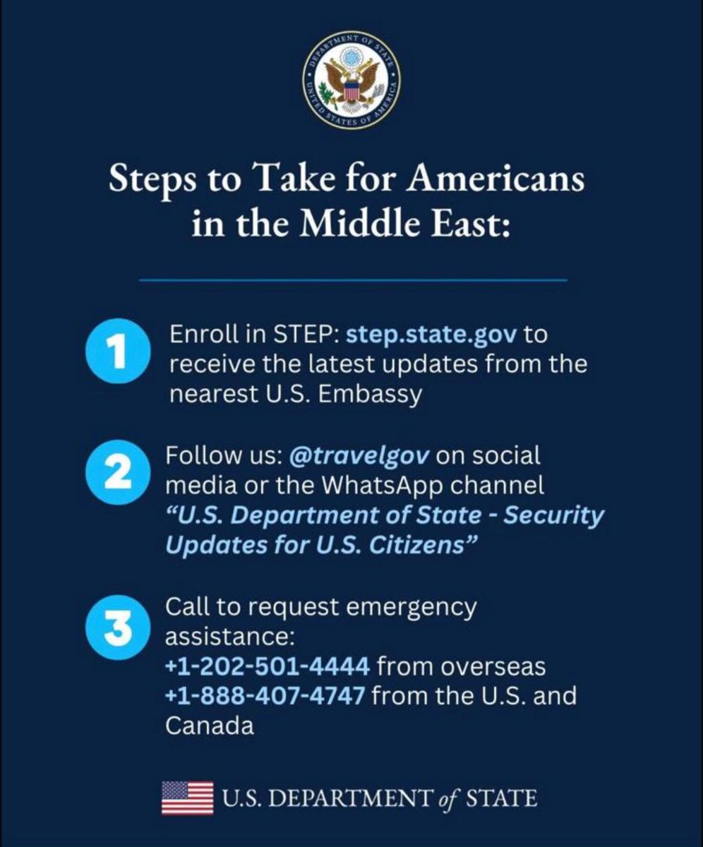 Due to the situation in the Middle East, U.S. citizens traveling or planning trips should check guidance from the U.S. Department of State:
* Enroll in STEP: step.state.gov
* Follow @travelgov
* Emergencies: +1-202-501-4444 | +1-888-407-4747
Stay informed. Stay safe 🙏