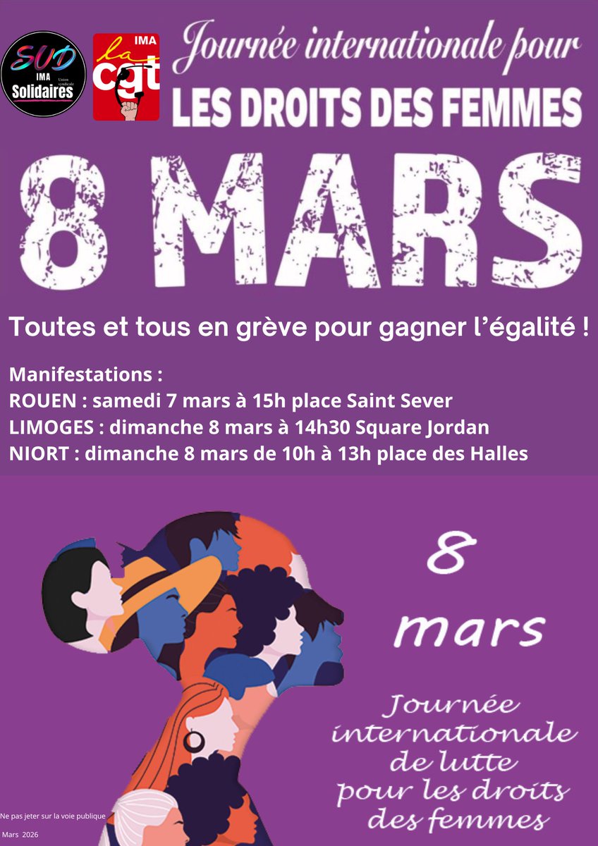 Toutes et tous en #grève le #8mars pour la #JournéeInternationaleDesDroitsDesFemmes !
#rouen : rassemblement le samedi #7mars à 15h
#Limoges : rassemblement le dimanche #8mars à 14h30
#Niort : rassemblement le dimanche #8mars à 10h