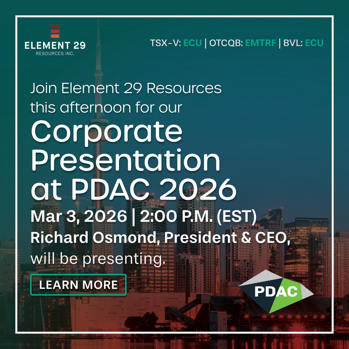 Join Element 29's Corporate Presentation Today at <a href="/the_PDAC/">The Official PDAC</a> 

Element 29 will be presenting today, March 3 at 2:00 PM EST.

Management will provide an update on recent drill results at Elida, ongoing expansion drilling, and the strategy ahead as we advance toward potential Tier-1