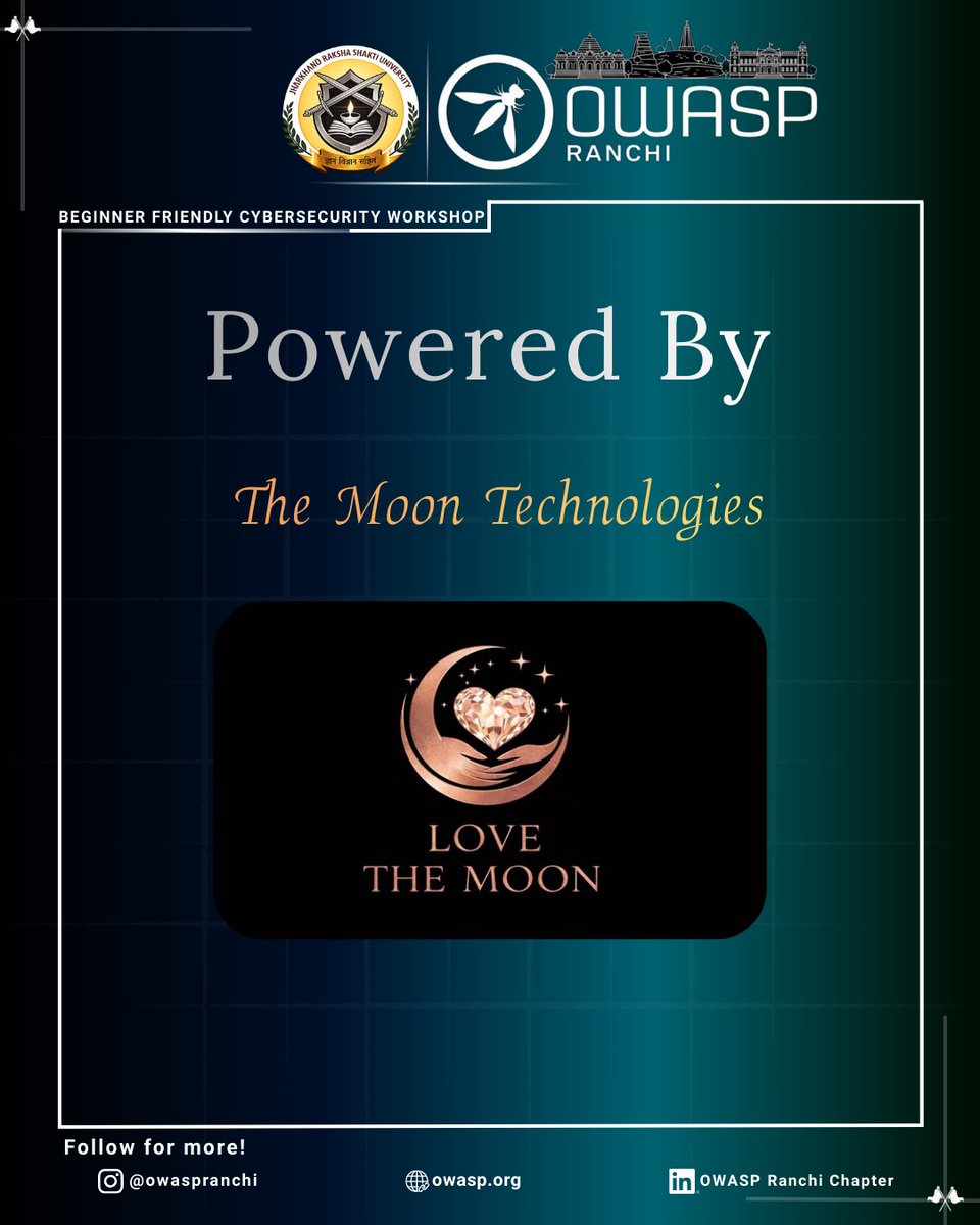 OWASPRanchi's tweet photo. Huge thanks to The Moon Technologies for sponsoring our Beginner-Friendly Cybersecurity Workshop with OWASP Ranchi! 🚀
Your support helped us deliver practical, hands-on security training to aspiring professionals and strengthen the cybersecurity community.

#OWASPRanchi #Cyber https://t.co/2cDVREpujl