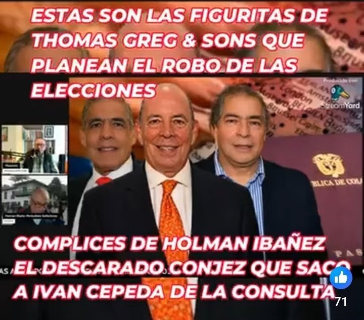ATENCION COLOMBIA 

El día 8 de marzo estos tres personajillos dueños de la empresa Thomas Greg &amp; Son   han sido condenados por estafar a 25  bancos de USA pero  dos empresas de ellos les ha otorgados contratos multimillonarios   la Registraduría de Alexander Vega y Hernan