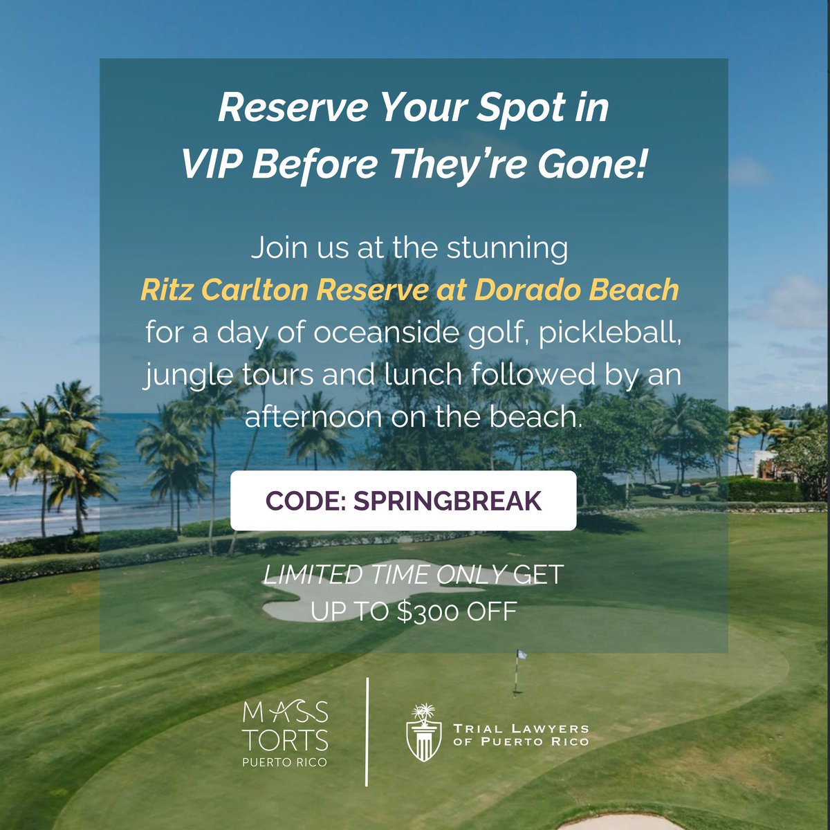 MassTortsPR's tweet photo. 🌟 NEW: MTPR VIP Day — May 5 at the Ritz‑Carlton Reserve!
Kick off early with golf or pickleball, a jungle tour, beach time, lunch at Encanto + luxury transport.
💸 Use code SPRINGBREAK for $300 off through Mar 31!
🔗 Don’t wait! https://t.co/WR80iuVknX https://t.co/ah5egXNhZX