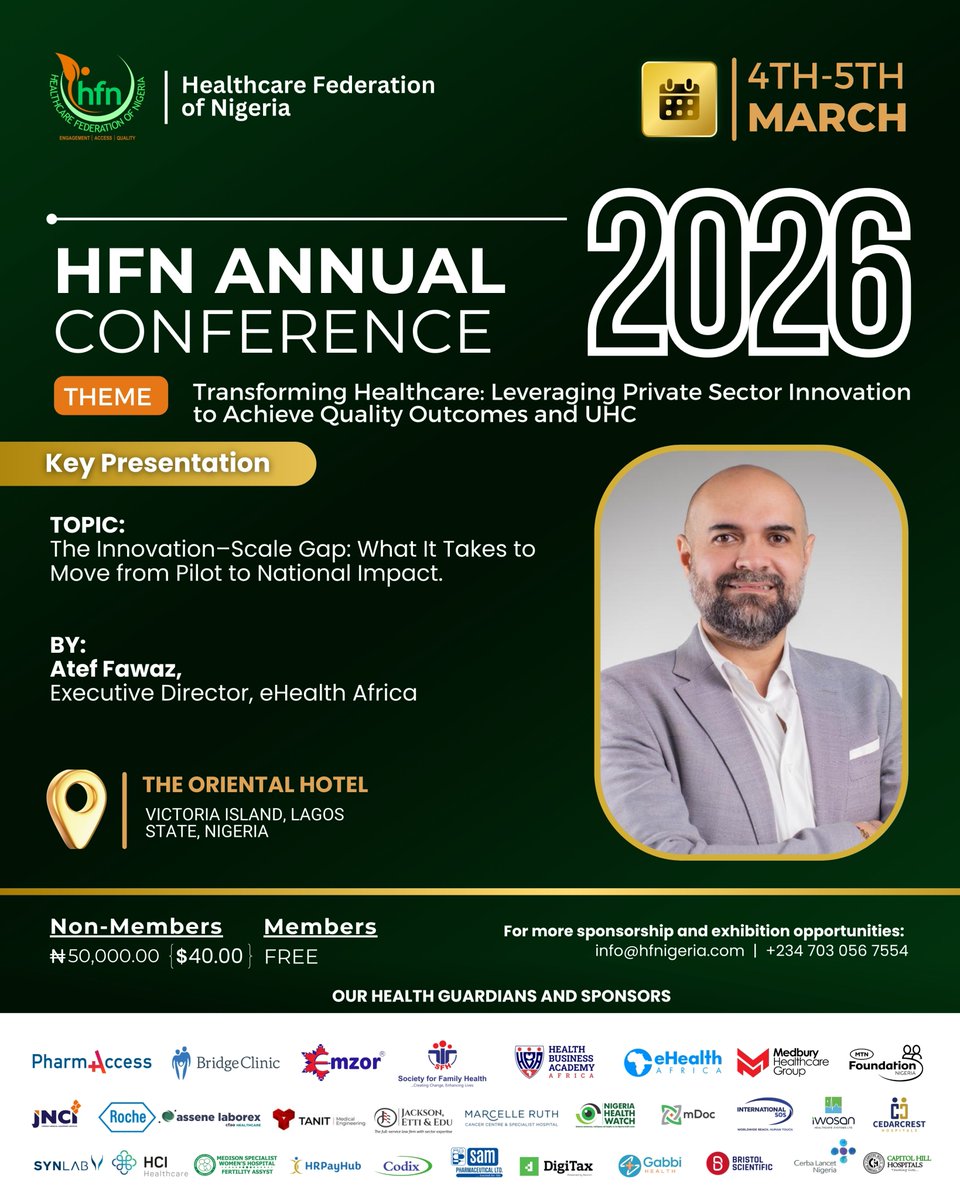 Our Executive Director, Atef Fawaz, will be speaking at the HFN Annual Conference 2026 (March 4–5, Lagos).

Topic: “The Innovation–Scale Gap: Moving from Pilot to National Impact.”

How do we turn great ideas into sustainable, system-wide impact?

Let’s close the gap.

#HFN2026