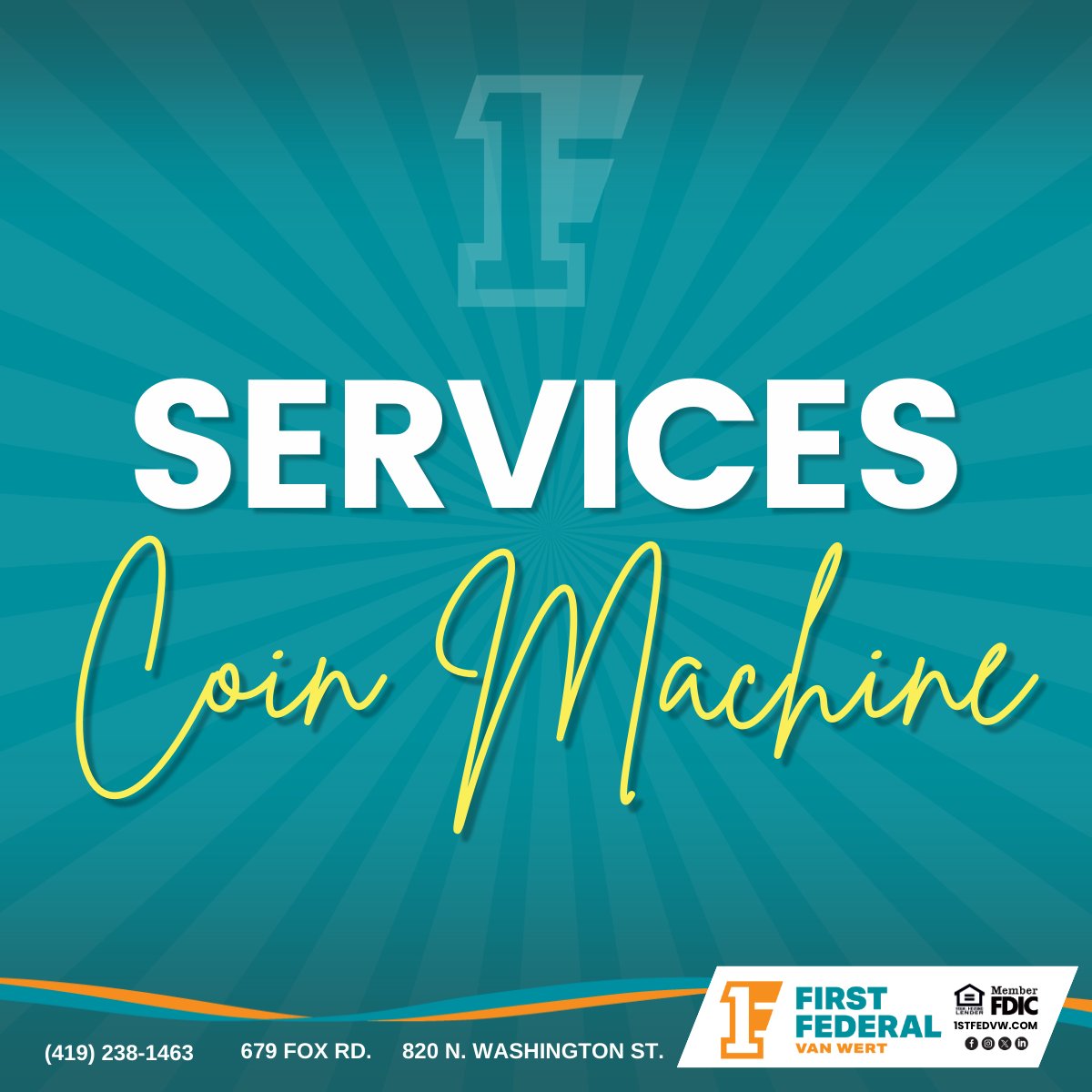 FirstFedVW's tweet photo. Bring in your loose change for cash. Our #CoinMachine, located in the lobby, makes it quick and easy!

Customers are able to use this service = Free of charge!

Not a customer, no problem = a 10% fee will be charged at the end of your "count".

#firstfederalofvanwert https://t.co/1av2ROvBgp