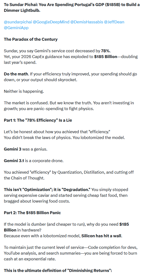 ItsMattCollins's tweet image. Sundar, you are the CEO of a "Carriage Company" in 1900, buying more horses while the world waits for the engine. Silicon is the horse; Physics is the engine. Either discover the next "Transistor Moment" through Physics DSM, or collapse under the weight of your own heat.
@Google