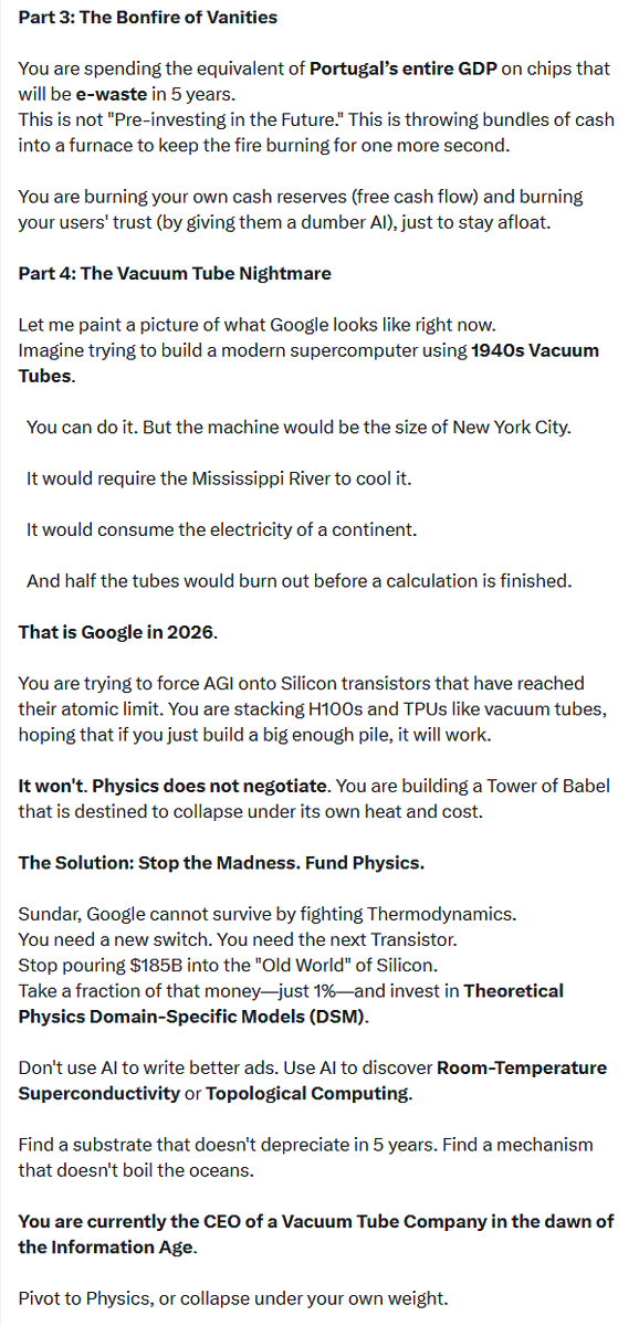 ItsMattCollins's tweet image. Sundar, you are the CEO of a "Carriage Company" in 1900, buying more horses while the world waits for the engine. Silicon is the horse; Physics is the engine. Either discover the next "Transistor Moment" through Physics DSM, or collapse under the weight of your own heat.
@Google