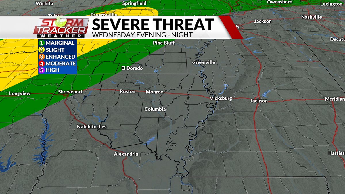 ChaseWard61's tweet photo. The threat of severe weather will remain north of the I-30 corridor for Wednesday night. A few storms could track as far east as Camden and Magnolia that could produce gusty winds. Better chances for rain &amp; storms will be later this weekend.
#Rain https://t.co/NFSxgOpvlq