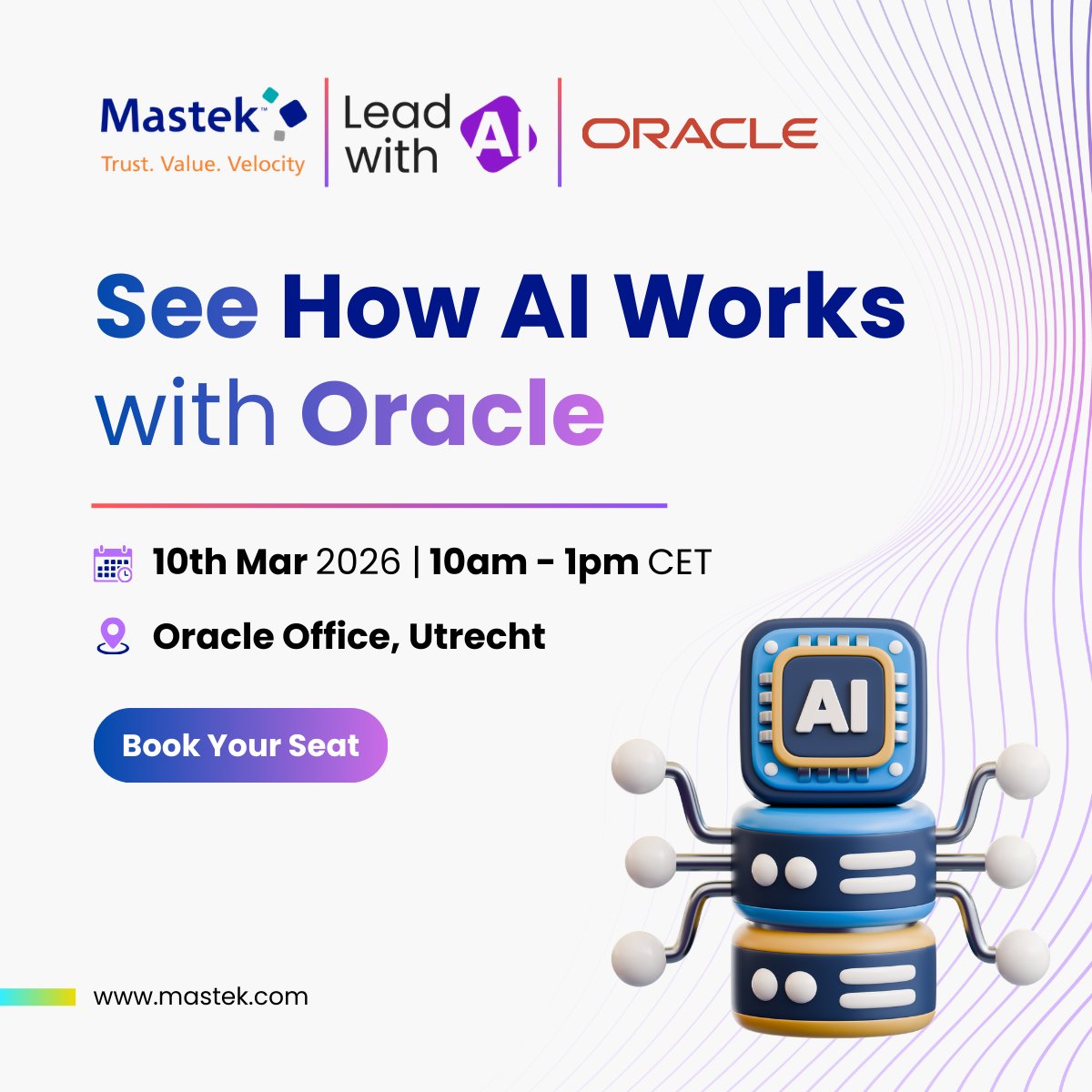 Mastekltd's tweet photo. One week to go! We will be sitting down with Oracle leaders to tackle the biggest challenge in AI right now.
If you want to be in the room on 10th March, secure your spot today.
#OracleCloud #LeadwithAI #Mastek https://t.co/C6mNTQzHar