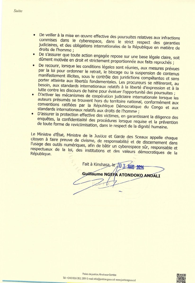 NgefaGuillaume's tweet photo. 03/03/2026 | Mise en œuvre des poursuites judiciaires relatives aux infractions numériques.
@Presidence_RDC @PrimatureRDC