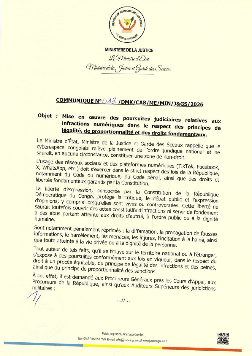 NgefaGuillaume's tweet photo. 03/03/2026 | Mise en œuvre des poursuites judiciaires relatives aux infractions numériques.
@Presidence_RDC @PrimatureRDC