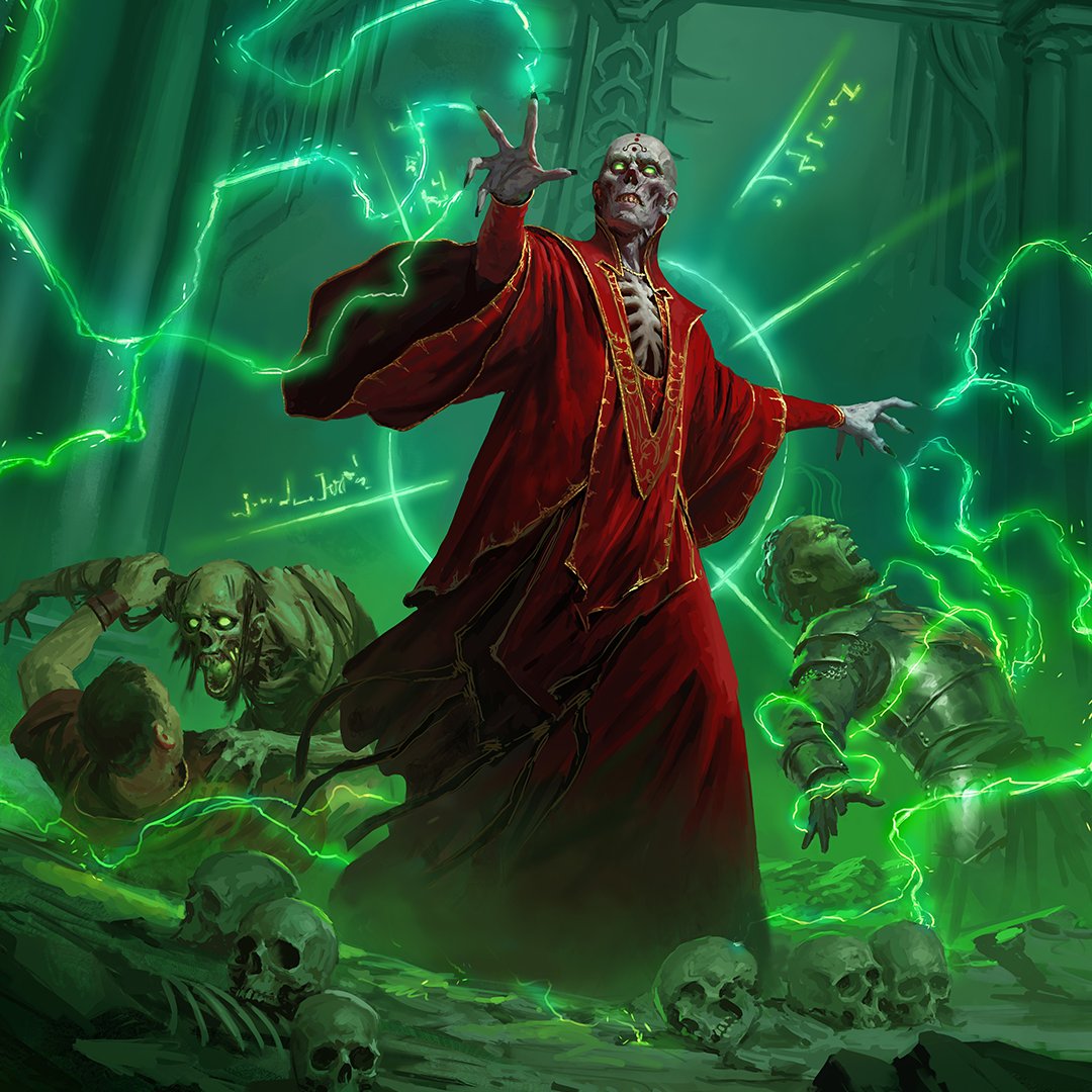 Skeletal mage in red robes summons crackling green necromancy over fallen foes.