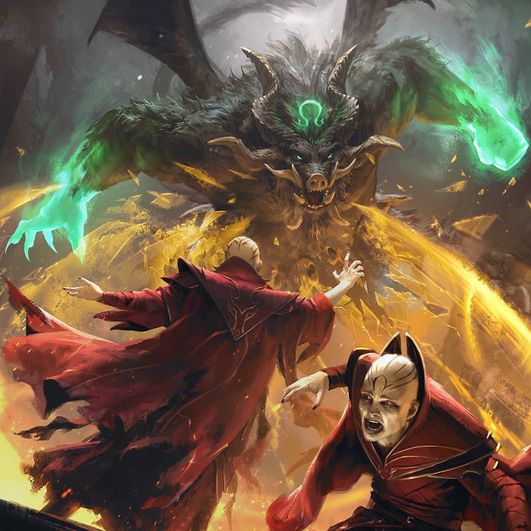 Horned demon clashes with red-cloaked spellcasters in a burst of golden magic.