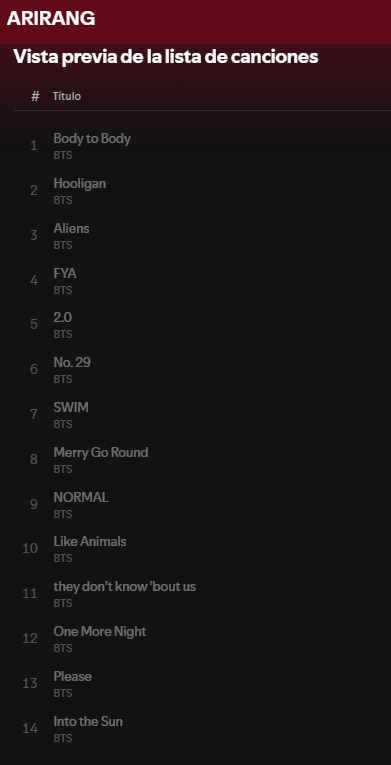 ARMYBogotaCol's tweet photo. ¡Ya esta disponibles los nombres de las canciones de ARIRANG!

1. Body to Body
2. Hooligan
3. Aliens
4. FYA
5. 2.0
6. No.29
7. SWIM
8. Merry Go Round
9. NORMAL
10. Like Animals
11. they don't know 'bout us
12. One More Night
13. Please
14. Into the Sun

Además en apple music aparece una pista 15 llamada ARMYRANG

Preguarda: https://t.co/BAyZ7I8YHE

ARIRANG BY BTS 
ARIRANG IS COMING 
#BTS_ARIRANG #ARIRANG #BTS
#BTSComeback2026