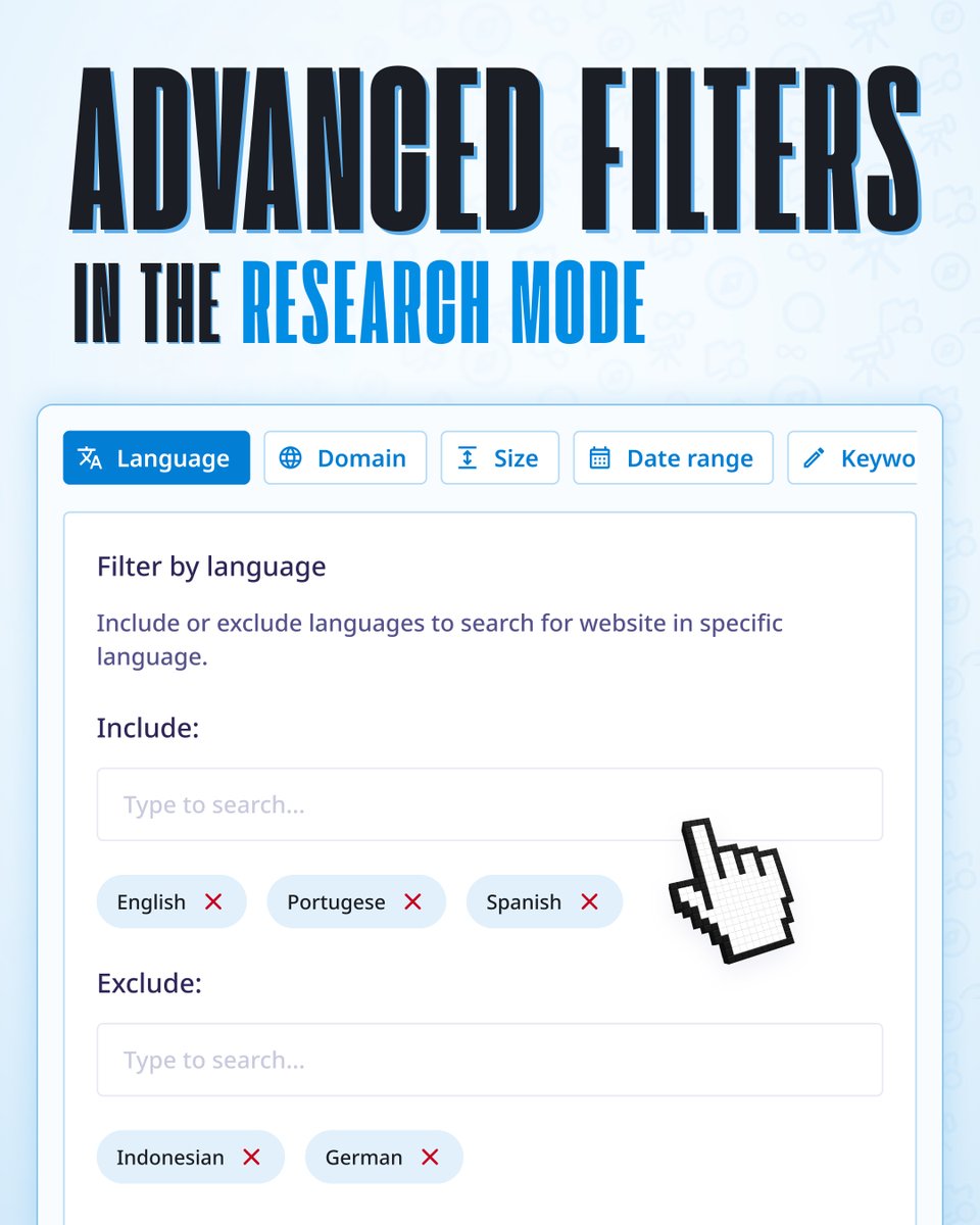 Lenso_AI's tweet photo. Why should you try the Advanced Filters on https://t.co/9h6L1WhdC0?
- Better results
- Find just the result you need with filters
- Personalized search experience

Try now!

#researchmode #lensoai #facesearch #reverseimagesearch https://t.co/FbNN1Ve5eK