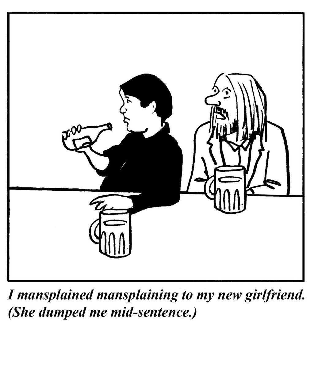 mywingman_84's tweet photo. I mansplained mansplaining to my new girlfriend. (She dumped me mid-sentence.) #mansplain #breakups #war #deladay #drunk #insecure #existential #undergroundcomix #art #mywingman 3/3/26 https://t.co/1cOuG7qpqI