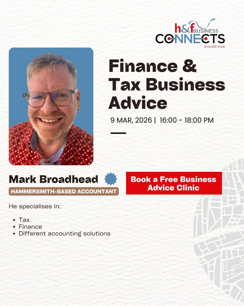 BizConnectsHF's tweet image. 📊 Looking for straightforward advice on your business finances? Join our online Finance &amp;amp; Tax Advice Clinic with Mark Broadhead, local accountant with 20+ years’ experience.

👉 Book your free session now: eventbrite.co.uk/e/free-finance…

@LBHF
#HFBusinessConnects #BusinessAdvice