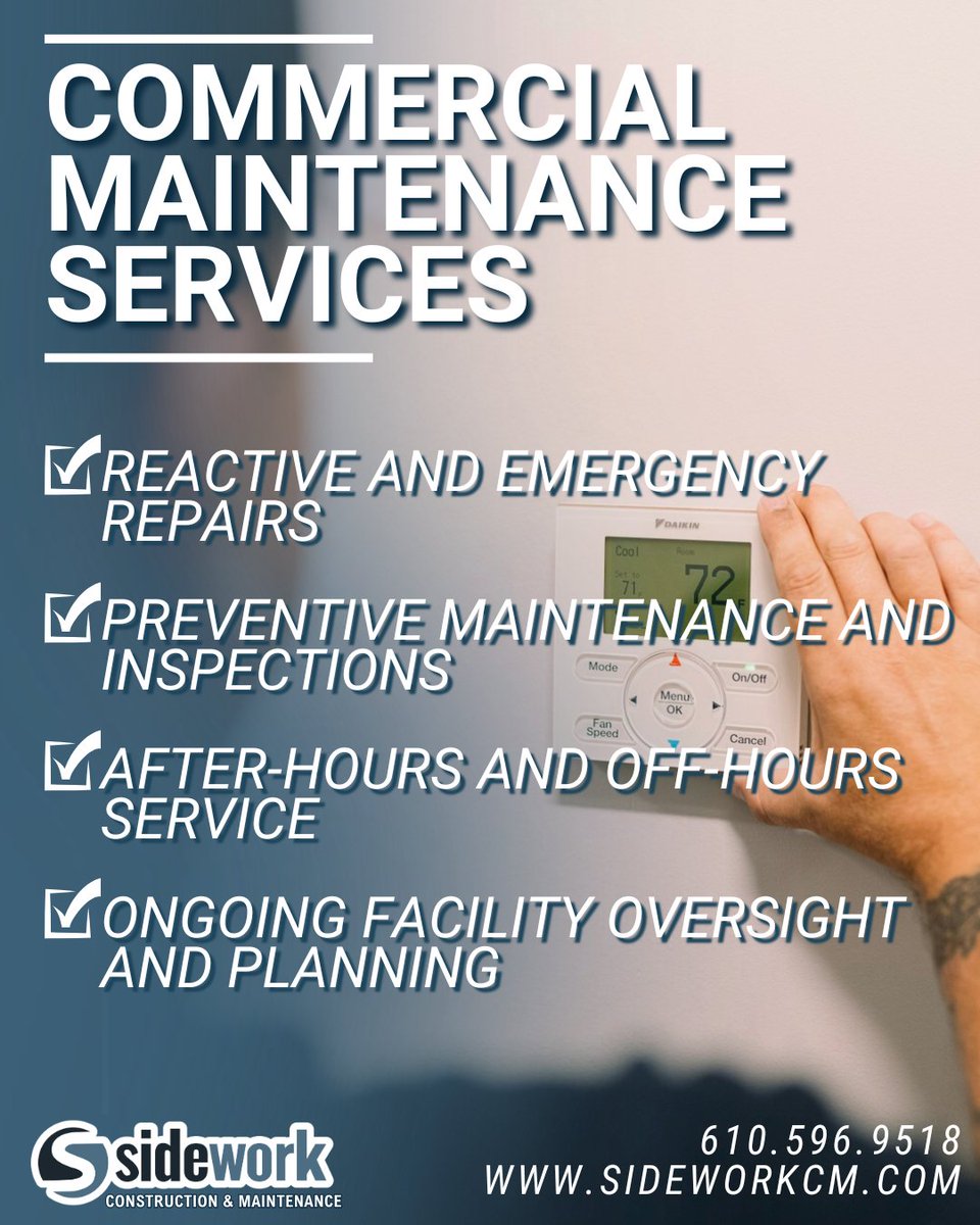 Sidework_CM's tweet image. Building issues don’t wait for Monday and neither do we.
Sidework Construction &amp;amp; Maintenance handles problems when they happen. Fast, reliable, no runaround.

Your problem = our priority. Every day of the week.

🌐 sideworkcm.com

#Sidework #CommercialMaintenance
