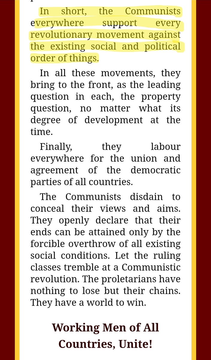 ConceptualJames's tweet photo. Yes, I can. In fact, I'm telling you all yet again that the answer to this question is right there on the last page of the Communist Manifesto and is not actually hard to answer.

The Left has adopted the logic of totalitarianism, called the friend-enemy distinction. There's a declared enemy (the West, "the existing social and political order of things"), and anyone who fights that declared enemy is a friend.

The radical Right also holds this criterion in politics and is therefore also siding with Iran. (In fact, the term "friend-enemy distinction" was the explicit logic of the Nazi regime thanks to Carl Schmitt.)

The radical Islamists also hold to this logic under their radical and hardlining interpretation of the Islamic doctrine called al-walâ' wal-bara', which means "loyalty and disavowal." The radical Left calls this doctrine "solidarity." The radical Right calls it "NETTR (No Enemies To The Right)."