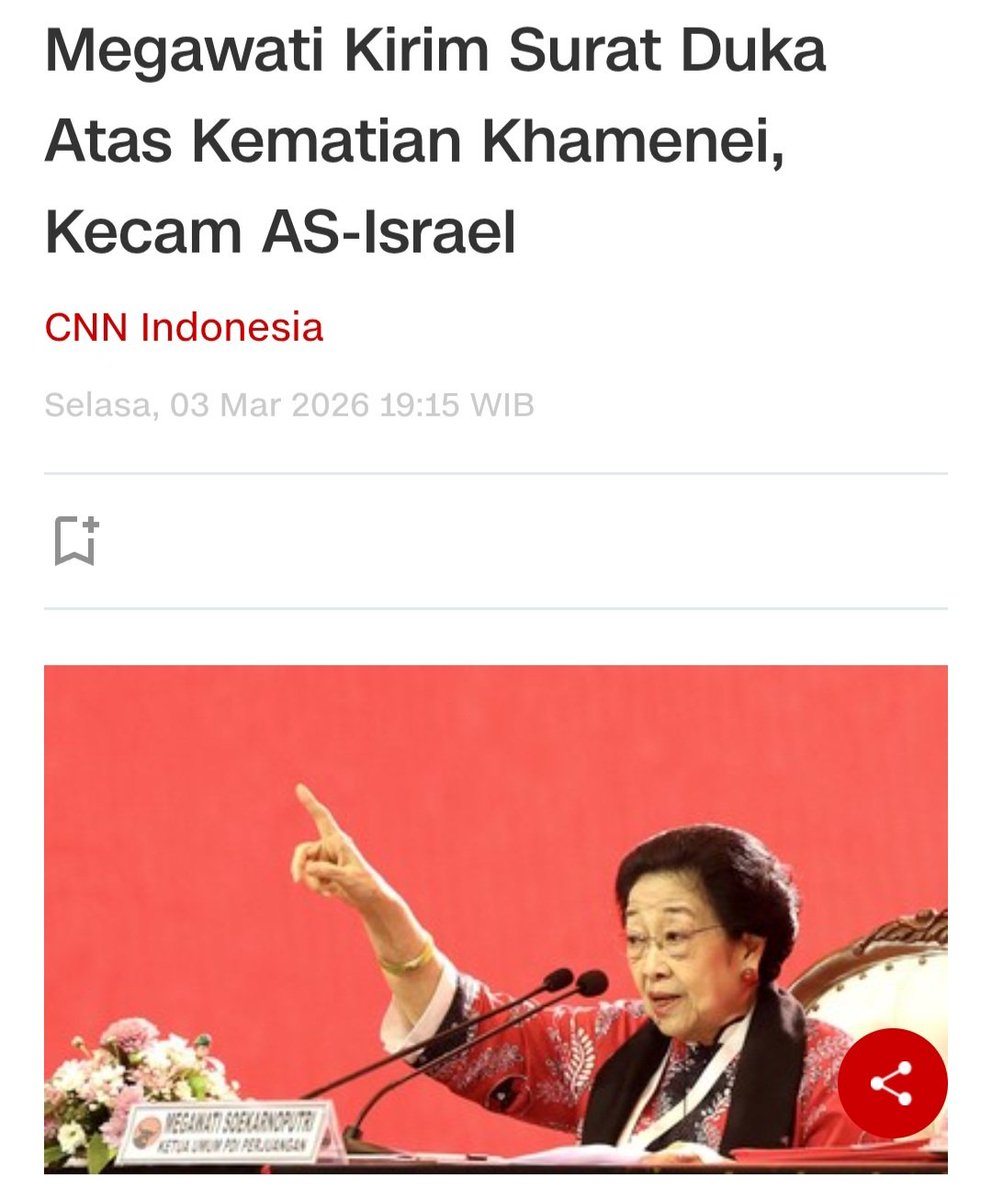 Akhirnya Indonesia berani MENGECAM Amerika Serikat-Israel.

Bukan Jenderal, bukan Ahli Perang, bukan pula penghianat.

Dia adl seorang perempuan yg disebut sebagai NENEK. Ya, nenek yang punya prinsip, teguh pendiriannya dan sikapnya MAHAL.

Terimaaksih bu Megawati Soekarnoputri.