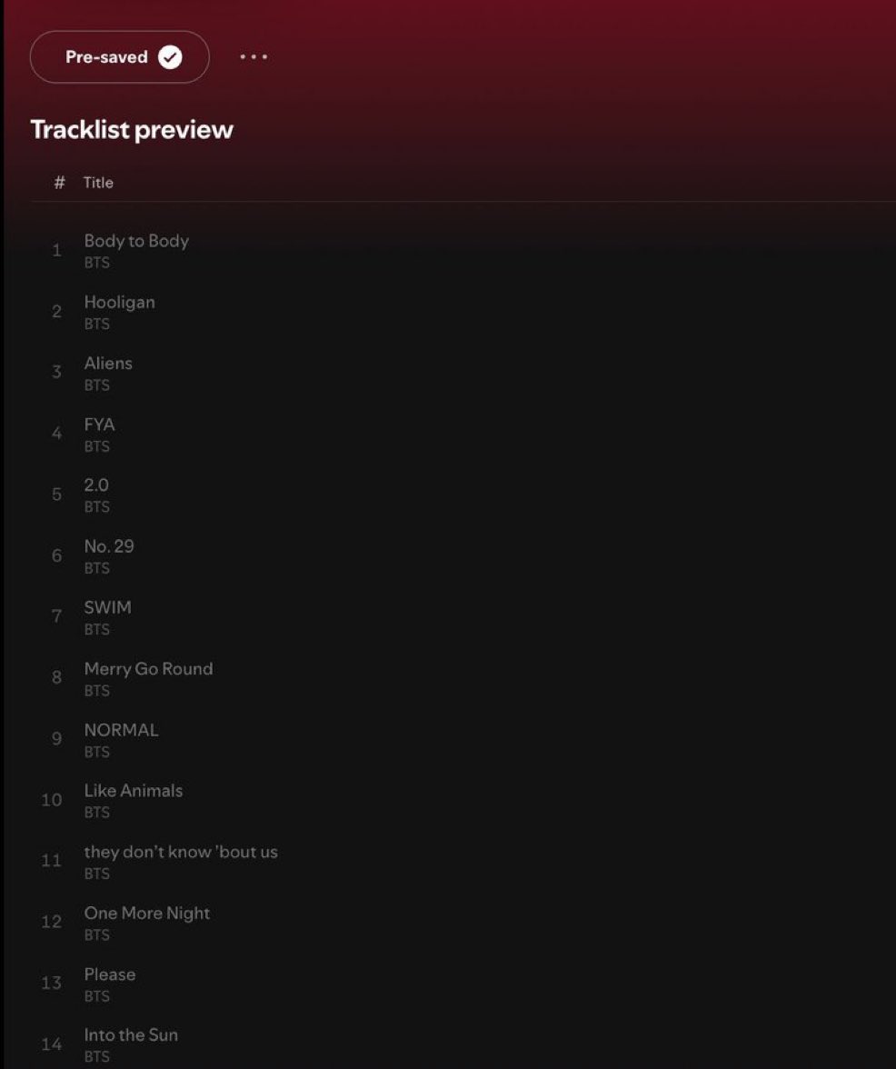 _rapperjk_'s tweet image. ARIRANG Tracklist!!!

1. Body to Body
2. Hooligan
3. Aliens
4. FYA
5. 2.0
6. No. 29
7. SWIM
8. Merry Go Round
9. Normal
10. Like Animaks
11. They dont know bout us
12. One more night
13. Please
14. Into the Sun