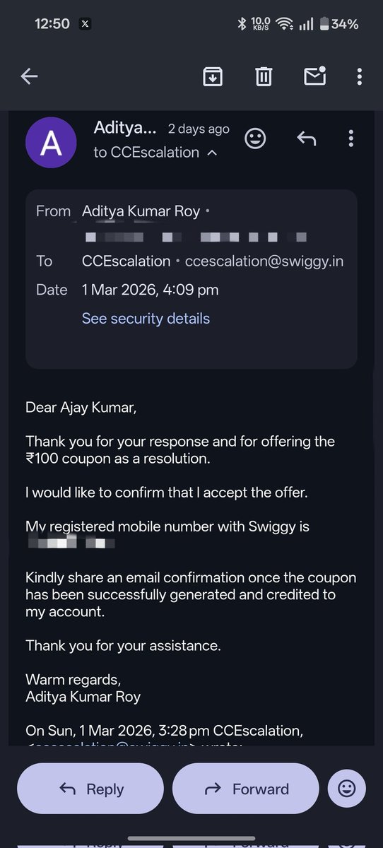 AdiKumarRoy's tweet photo. Hey @Swiggy @SwiggyCares, I was promised a ₹100 coupon as an apology for the "Swiggy Restaurant Awards 2026" glitch. I've already confirmed my acceptance via email on March 1st to Ajay Kumar (CC Escalations), but still waiting on the credit.

​Can we get this moving? ⏳ https://t.co/Vq3RTVRExc