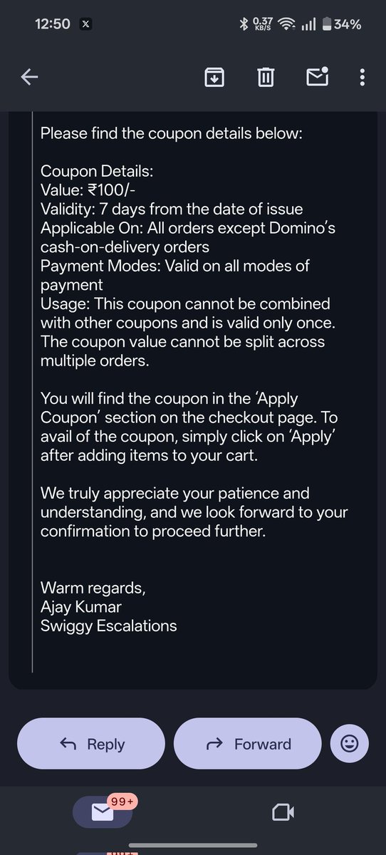 AdiKumarRoy's tweet photo. Hey @Swiggy @SwiggyCares, I was promised a ₹100 coupon as an apology for the "Swiggy Restaurant Awards 2026" glitch. I've already confirmed my acceptance via email on March 1st to Ajay Kumar (CC Escalations), but still waiting on the credit.

​Can we get this moving? ⏳ https://t.co/Vq3RTVRExc