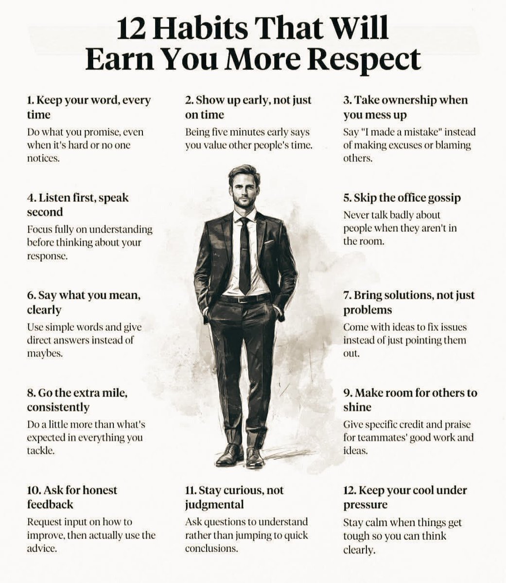 SuccessBluePrtX's tweet photo. 12 Habits That Will Earn You More Respect https://t.co/22igXsOJ4L