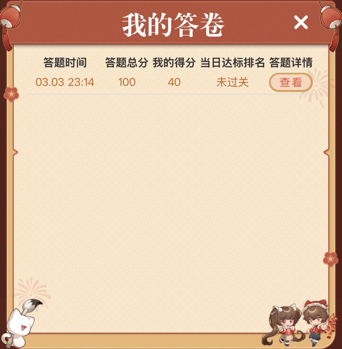 bro i got 40/100 in maoer's lantern festival riddles cuz they gave me NO questions about tgcf 😭😭 now i don't wanna do more