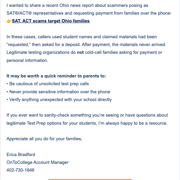 If you have a child planning to take the ACT or SAT, please be aware of this scam