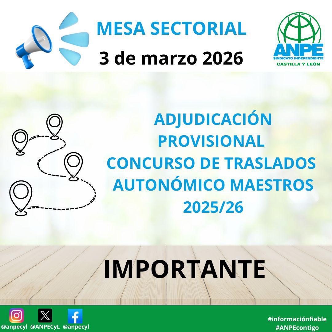 ANPEAVILA's tweet photo. 🚨MAÑANA 🚨 se publicará la adjudicación provisional del Concurso General de Traslados de Castilla y León. Mucha suerte 🍀 https://t.co/8Rdyi6aSsk