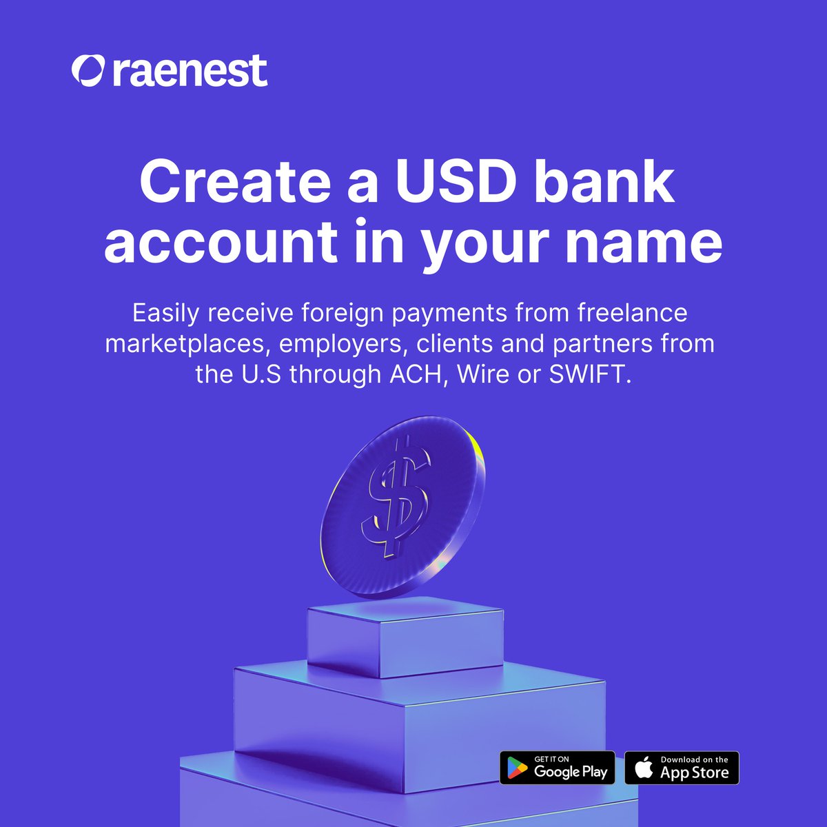 RaenestApp's tweet photo. Get a USD account that works across 190 + countries. Receive payments from Upwork, Wise, Appen, Payoneer, Amazon KDP, clients &amp; platforms. Fund via ACH, Wire or SWIFT at the lowest fee in the market.