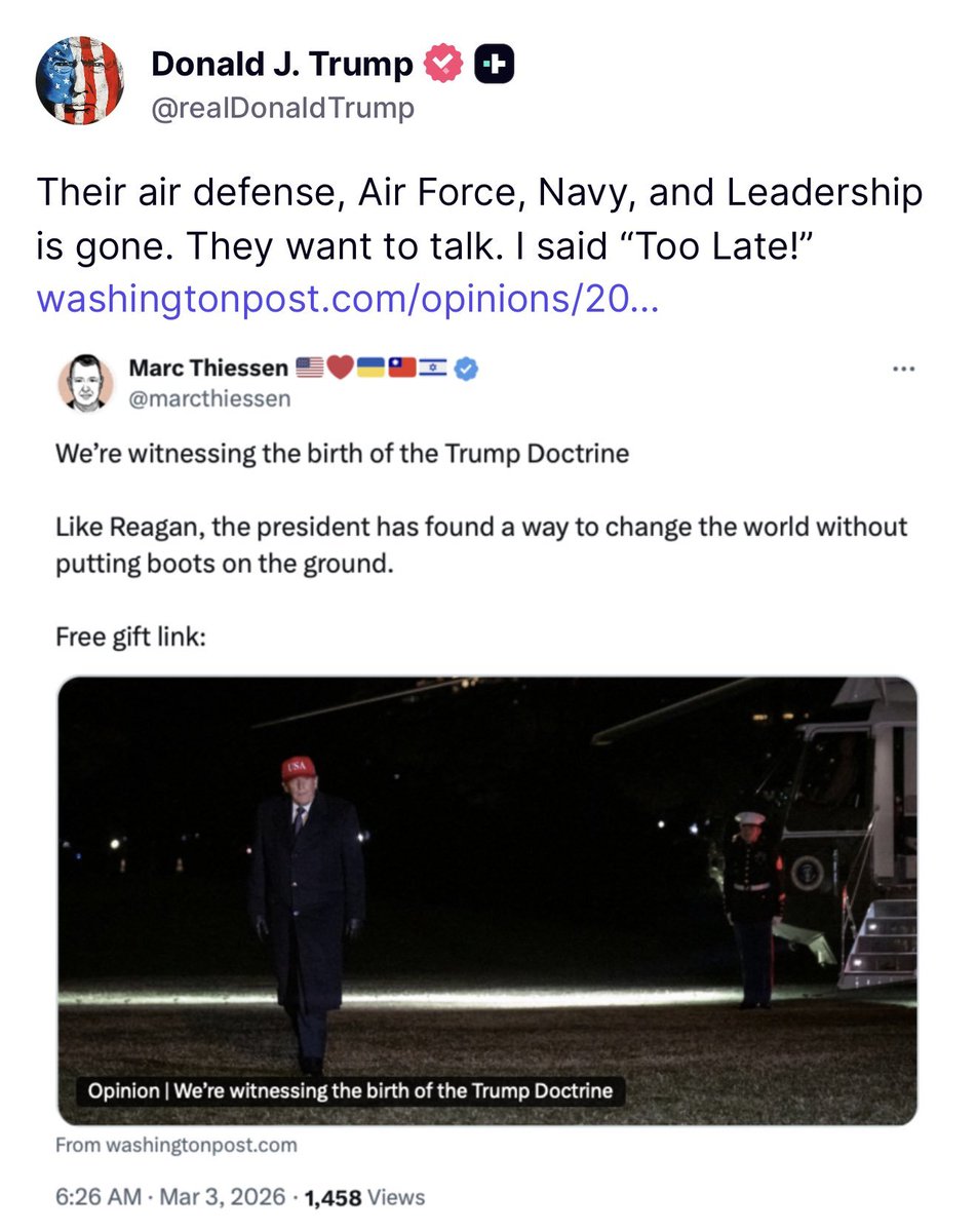 emeequis's tweet image. 🚨🇺🇸🇮🇷 Trump tras los bombardeos a Irán:

“Su defensa aérea, Fuerza Aérea, Marina y liderazgo ya no existen. Quieren hablar. Yo dije: ‘¡Demasiado tarde!’”.

#Trump #Irán #Bombardeos #Geopolítica #MedioOriente