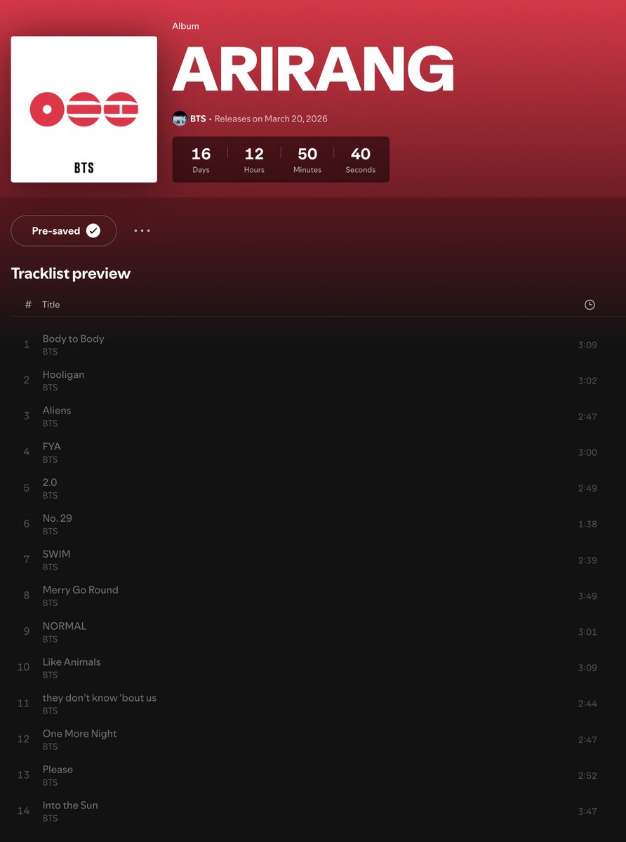 pjmIesviu's tweet photo. ES OFICIAL! OFICIALMENTE tenemos el tracklist de ARIRANG, al fin tenemos los nombres de las canciones, SE VIENE EL ALBUM DEL AÑO 😭🔥

ARIRANG TRACKLIST
BTS IS COMING
ARIRANG IS COMING
BTS BTS BTS
#BTS_ARIRANG
#BTSComeback2026 https://t.co/CfEOZvscNN
