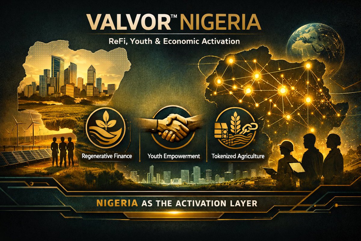 VALVOR_official's tweet photo. Nigeria is not waiting for permission.
It is building.
Youth-led.
Production-based.
Digitally connected.
Tonight, vision becomes structured partnership.
ReFi is not a narrative.
It is economic activation.
🇳🇬 See you in the Space.
#VALVOR #ReFi #Nigeria #DigitalCities https://t.co/Yos808Yr33