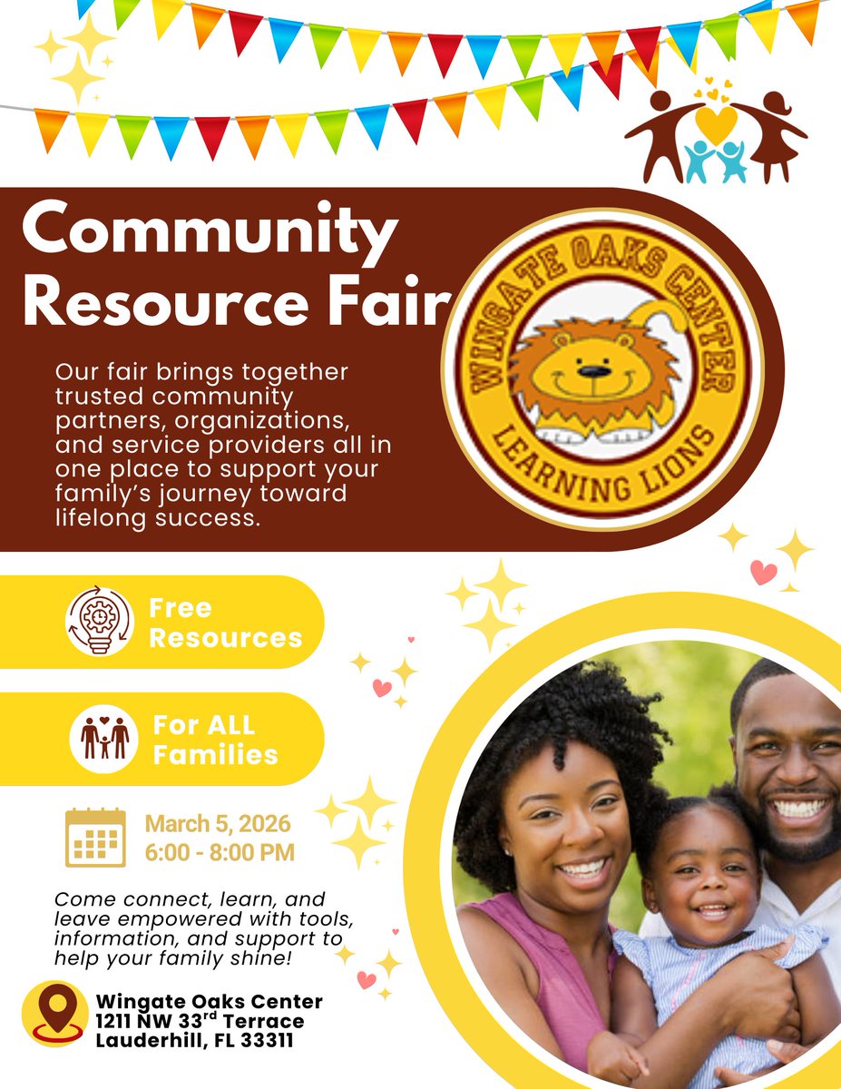 WingateOaks's tweet photo. Join us this Thursday, March 5, 2026, from 6:00โ8:00 PM at Wingate Oaks Center (1211 NW 33rd Terrace, Lauderhill, FL 33311) for an evening of connection, support, and empowerment!โจ Free Resources
โจ For ALL Families @beehive_pride @browardschools
#LearningLions #BCPS https://t.co/GkMDlB8Zch