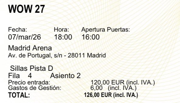 paalomafdz's tweet photo. Vendo 2 entradas para la WOW de madrid 7 de marzo, Fila 4.
Las vendo más baratas. https://t.co/3WXfhPmKL5