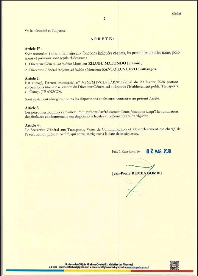 #NOMINATIONS #TRANSCO
Deux semaines après la suspension de Sylvestre Milambo et l'intérim de Solange Kabedi, une nouvelle équipe intérimaire vient d'être nommée  ce 2 mars par un arrêté du Vice-Premier Ministre, Ministre des Transports à la tête de la société TRANSCO (