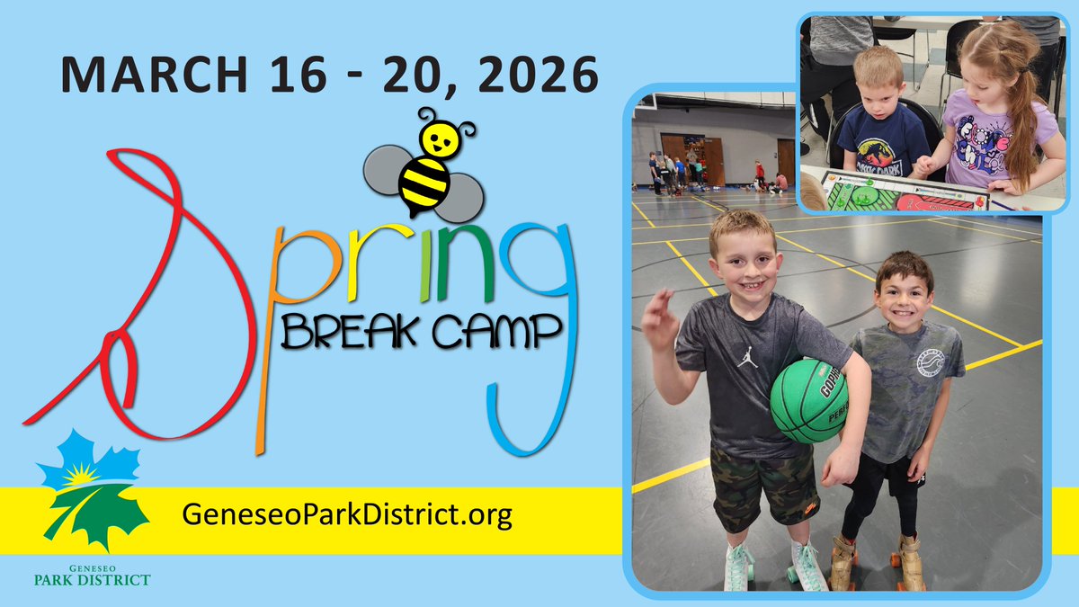 GeneseoParkDist's tweet photo. What's your child doing for Spring Break?
Join us for an action-packed Spring Break Adventure Camp! This exciting program is designed to keep kids engaged and entertained during their time off school.
Register today at The Center or online at https://t.co/lwylPiE8dn https://t.co/3UZXGlrS3b