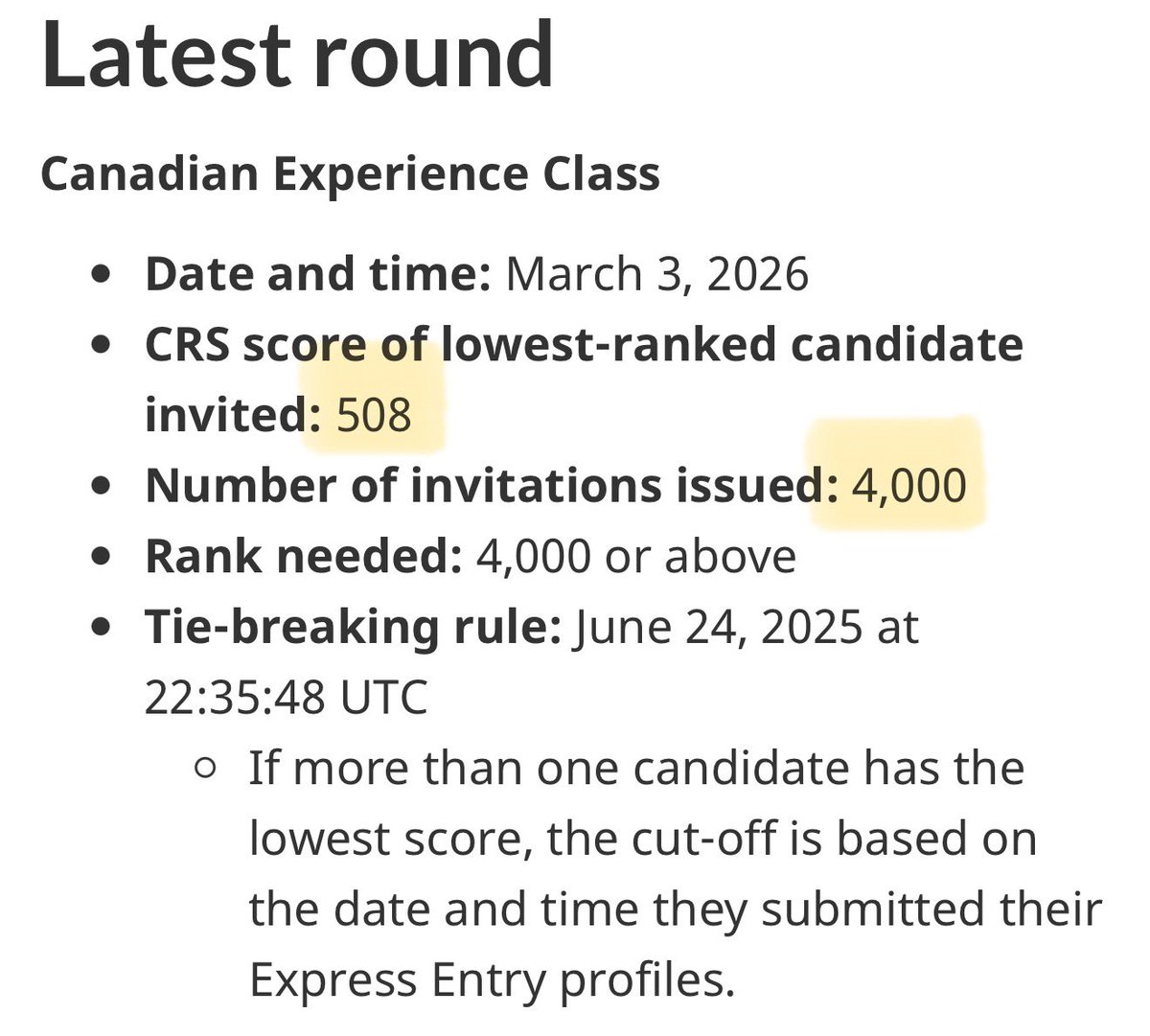 MannyLidher's tweet image. 🇨🇦 CEC Draw – March 3, 2026

• 🎯 CRS cut-off: 508
• 📩 Invitations issued: 4,000
• ⏱ Tie-breaker: June 24, 2025 at 22:35:48 UTC

Great news for those who were anxious and eagerly waiting over the last couple of weeks. 

#CanadaImmigration #CanadaVisa #ExpressEntry