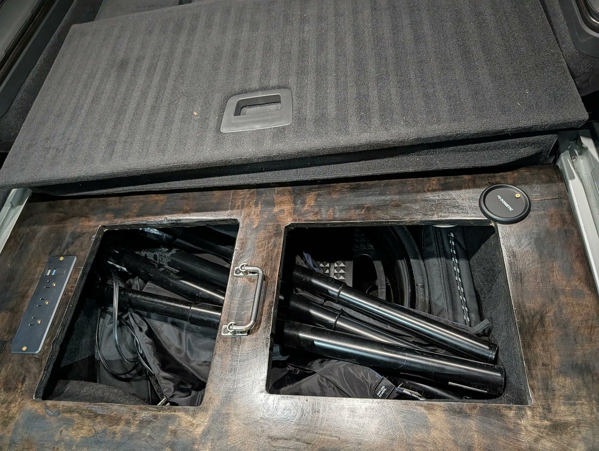 Kanundrum17's tweet photo. I got a few inquiries on my R1S Camp Kitchen that is standalone but integrate. Setup time is about 2 minutes, can easily pack up and leave during a freak storm. #Rivian #R1S #campkitchen https://t.co/cdejM6Efvx