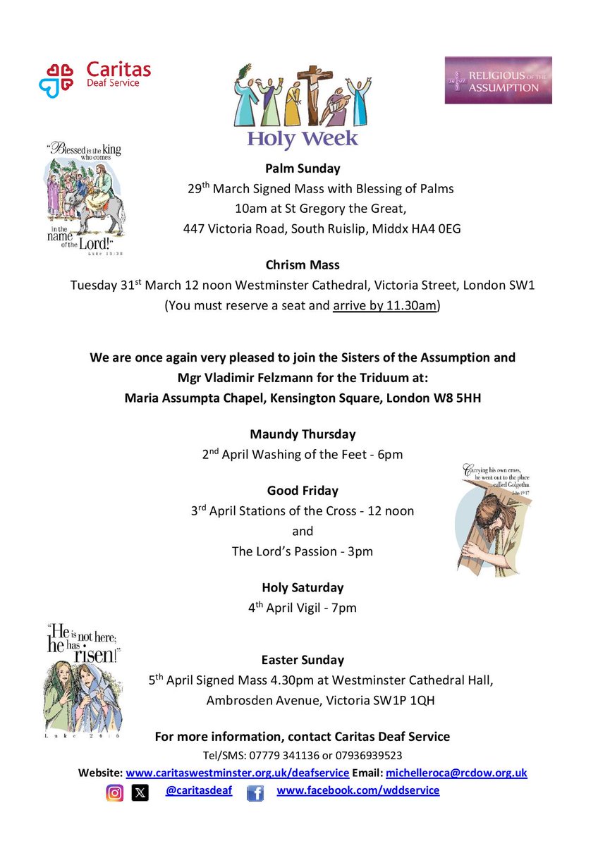 CaritasDeaf's tweet image. Holy Week 2026 - Come and join us...  at South Ruislip, Westminster Cathedral and Maria Assumpta Chapel, Kensington
#HolyWeek #BSL #Catholic #DeafChurch #London

@WestminsterCath @AssumptionRA @CaritasDeaf @caritswestm @RCWestminster