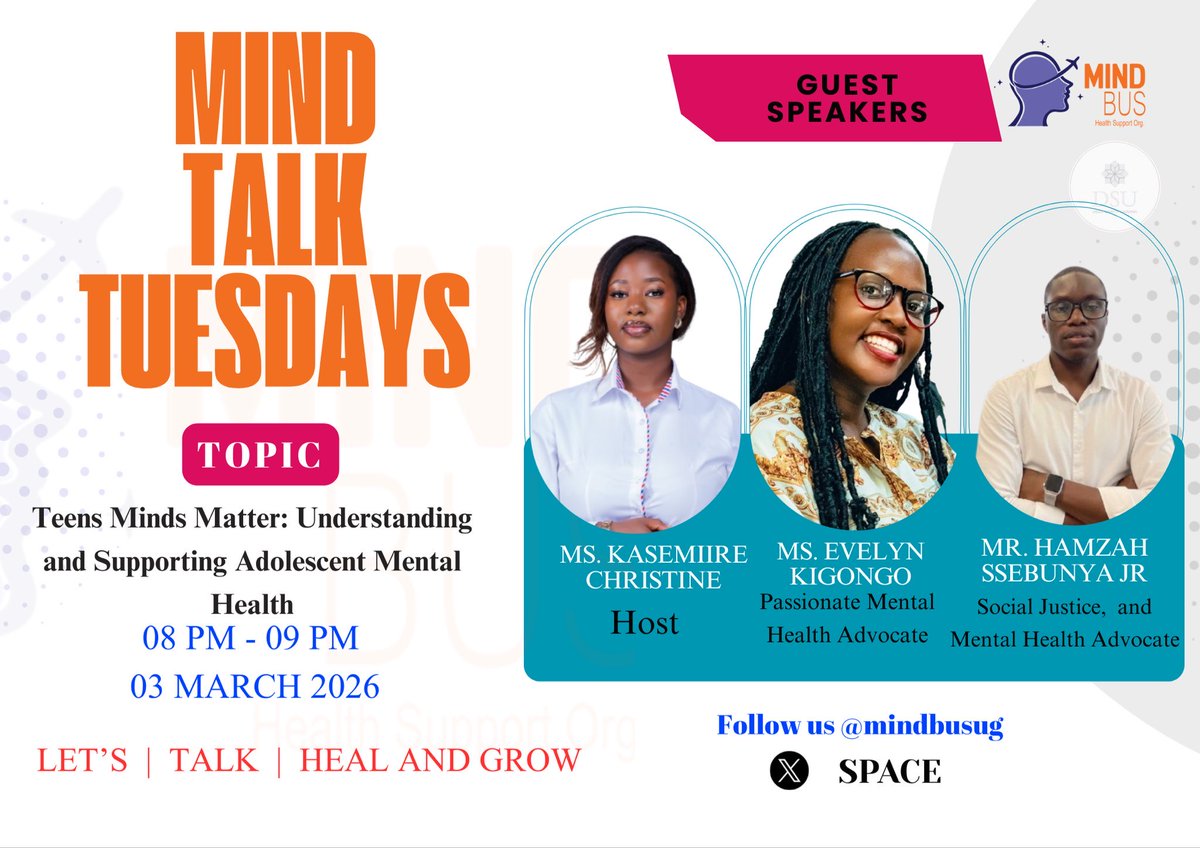 HamzahSsebunya's tweet photo. 🎙️ MindTalk Tuesdays
Today, we’re diving into a crucial conversation.
Teens Minds Matter: Understanding and Supporting Adolescent Mental Health
Join the #MindTalk Tuesdays as we explore how to better support adolescents’ mental wellbeing.
Let’s talk, heal, and grow together 💙
@CaptainEveee @HamzahSsebunya @KasemiireCqo
Follow 👉 @mindbusug
#MindTalkTuesdays #TeensMentalHealth #AdolescentWellbeing #MentalHealthUG