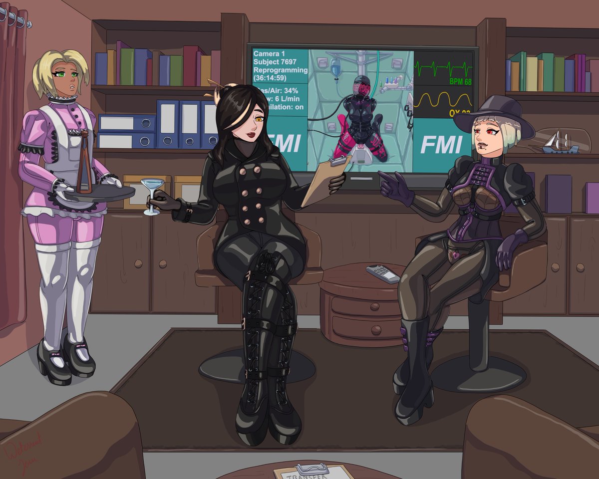 Another commission for the lovely <a href="/NapalmSavage77/">NapalmSavage77</a> 

Quinn quickly changed attire to meet Morri's potential buyer, Miss Ai Yakedo, who brought along her own rubber femboy maid, Valentino, to assure she would not have to suffer sub-par refreshments.

Feedback is always welcome