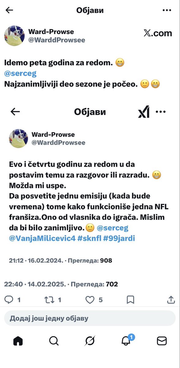 WarddProwsee's tweet photo. Idemo polako u šestu godinu ugovora. 🤣
Ne odustajem.
Nadam se da ćemo slušati uskoro evo ovako nešto ali u podkastu. 🙂
@serceg @VanjaMilicevic4 #99jardi #sknfl https://t.co/ndPQHQGppf