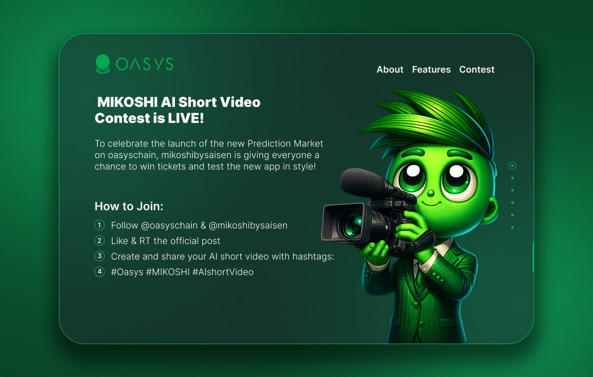 Free Tickets + content play for early users on <a href="/oasyschain/">Oasys Blockchain</a>  👀

MIKOSHI AI Video Contest is live

create a short AI video → get rewarded in Tickets

top creators get even more upside

easy entry: follow, RT, post with tags

<a href="/kitetsu_MAG/">Kitetsu丨MAG丨Oasys丨MARBLEX丨Immutable</a> <a href="/mikoshibysaisen/">mikoshi</a>