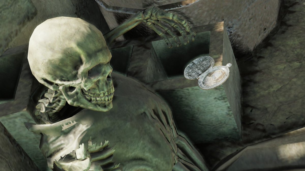 misakiyorozuya's tweet photo. #TeamFallout
#フォールアウト76
#FALLOUT76
#Bethesda
骸骨を探す中、実にドラマチックな骸骨をみつけた。
ロケットペンダントを開き、中身を見つめながら朽ち果てた骸骨。
ロケットには、どんな人物の写真があったのかは、そこまでは分からない…
だが、大切な人なんだろう…
安らかに眠れ https://t.co/6Sgdknn7Yc