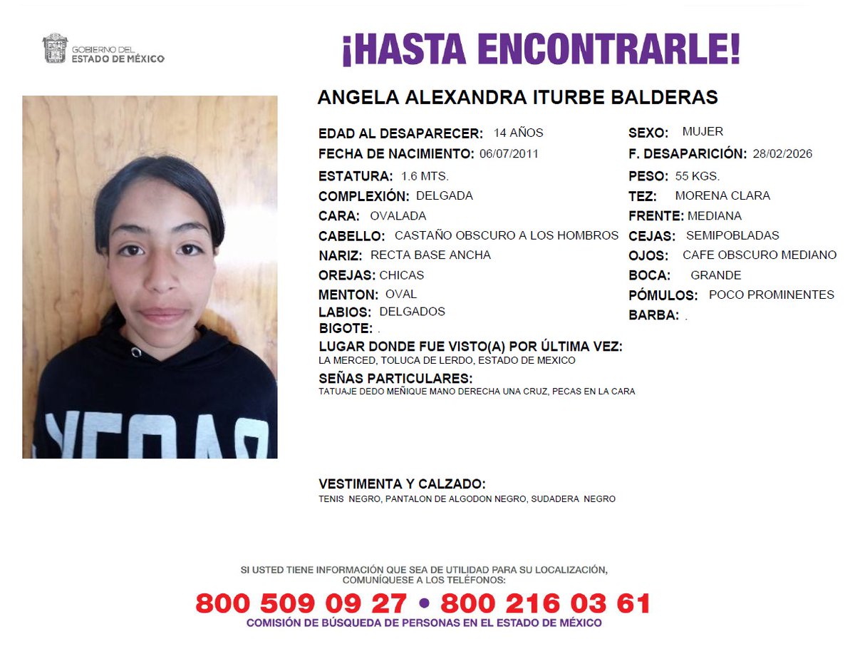 Solicitamos de tu apoyo en difusión para dar pronta localización a Angela Alexandra Iturbe Balderas, comunícate a los teléfonos al pie del boletín. #TodosEnLaBúsqueda