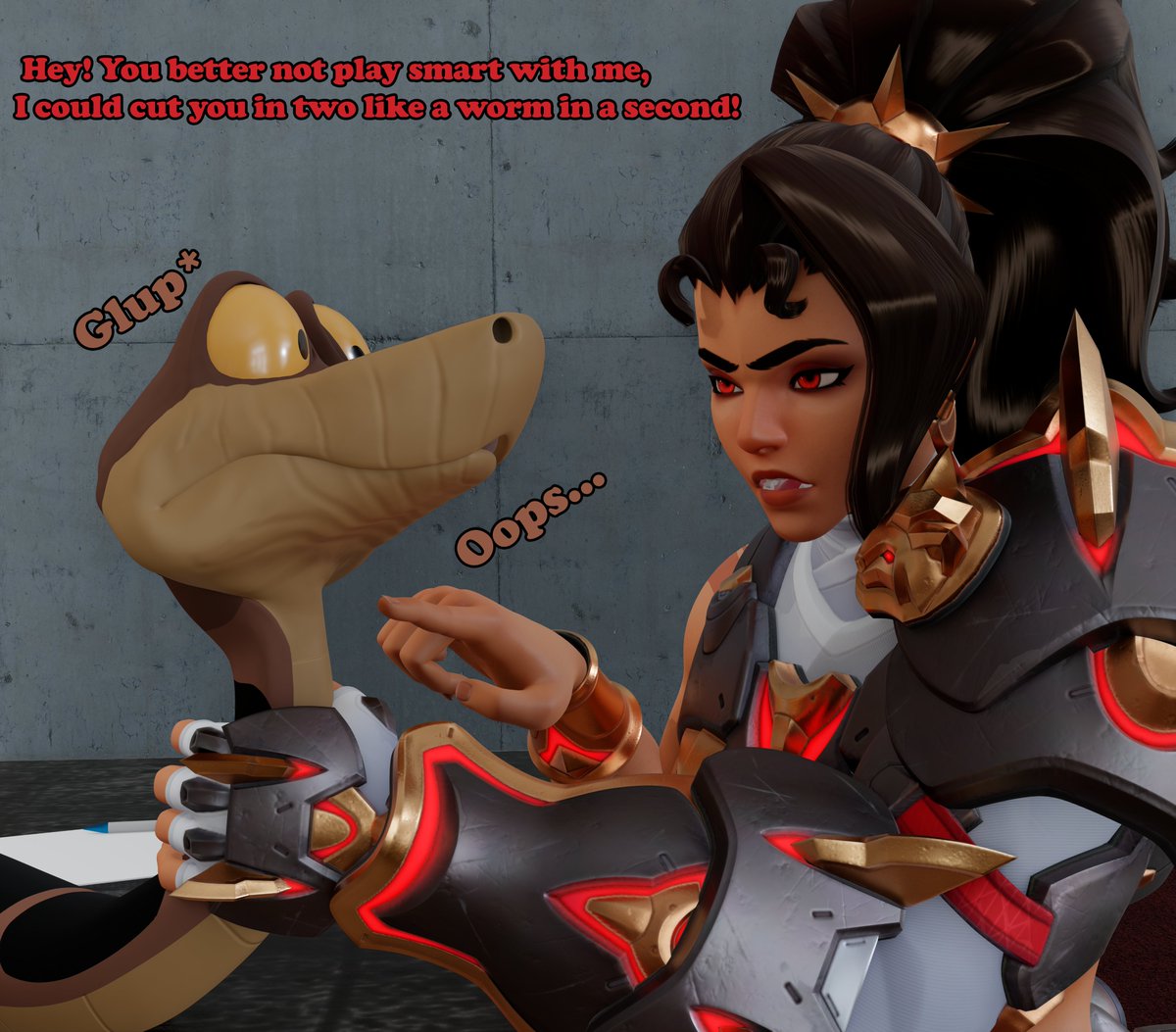 Kaa's Interview
(Page 1 to 4 - 12) 
Hi i did a comic with Vendetta and Kaa! i hope u like it, i will post the next pages this weak, hearts and retweet!

Vendetta model by: <a href="/dzooworks/">dzooworks🔞</a> 
Kaa model by: <a href="/snek3d/">snek3d</a>