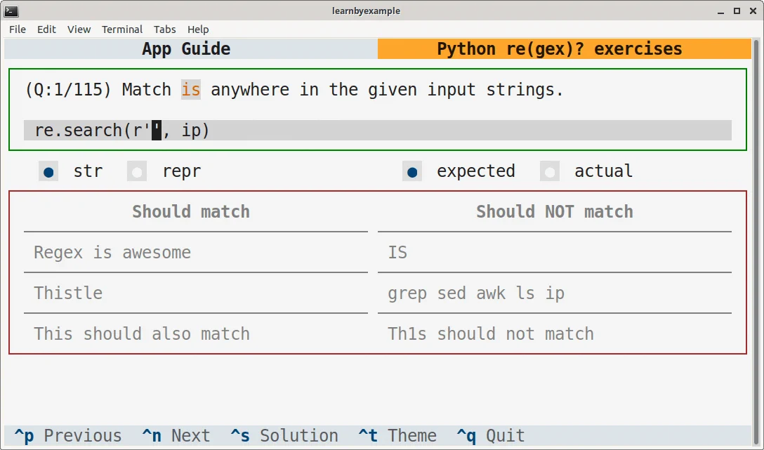 Sample screenshot for my interactive TUI app for Python regex exercises.